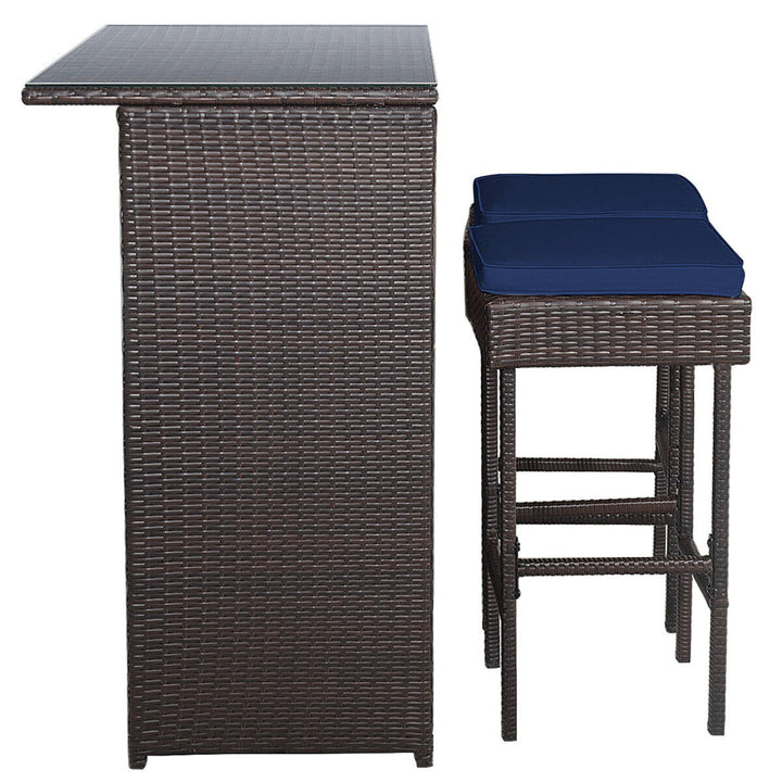 3PCS Rattan Patio Bar Table and Stool Set Dining Set w/ Navy and Off white Cushion Image 7