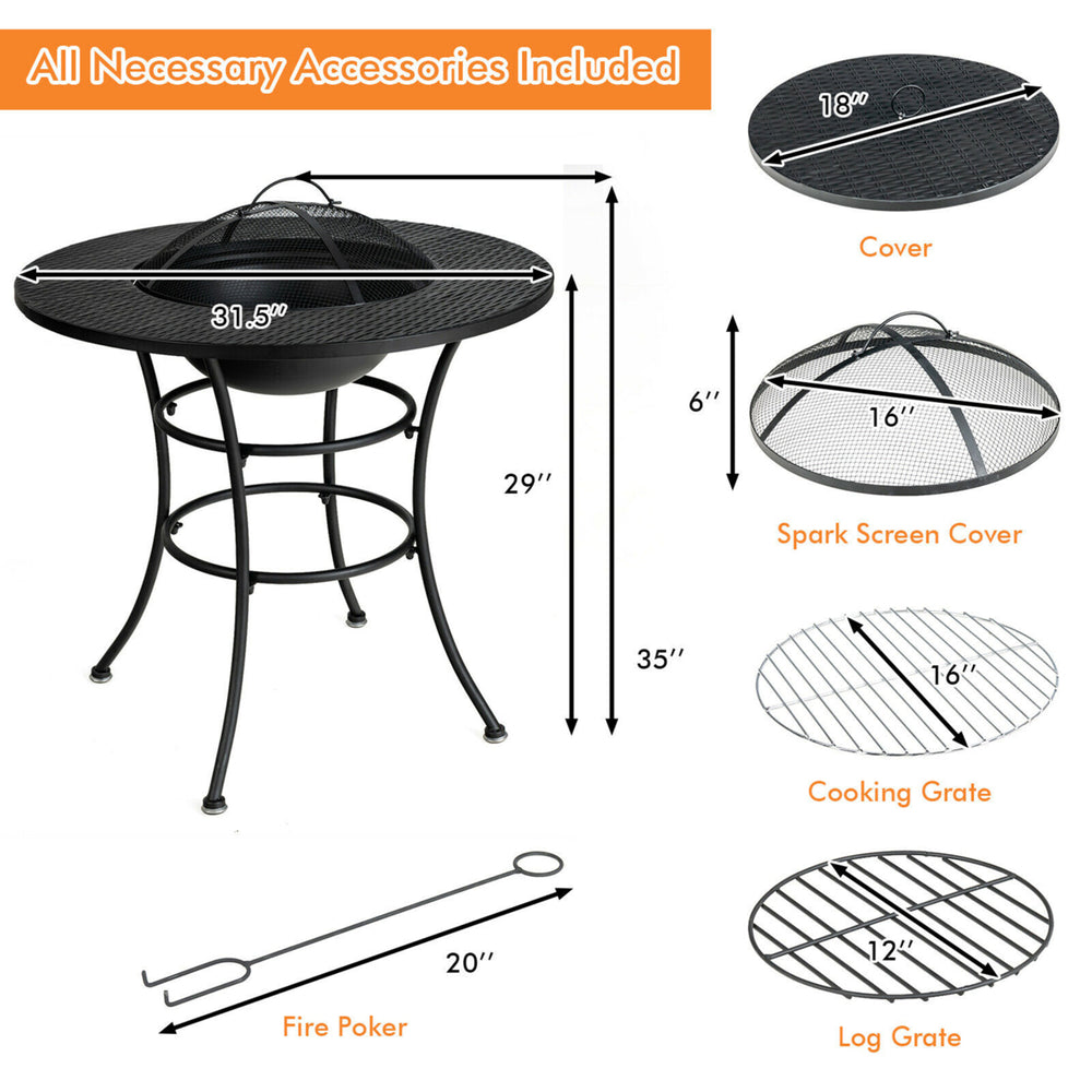 31.5 Patio Fire Pit Dining Table Charcoal Wood Burning W/ Cooking BBQ Grate Image 2