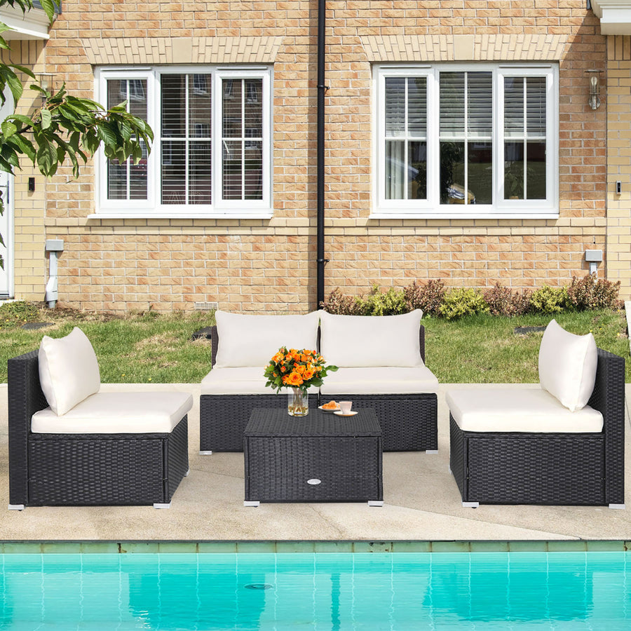 5PCS Patio Outdoor Rattan Sofa Conversation Set w/ Seat and Back Cushions Off White Image 1