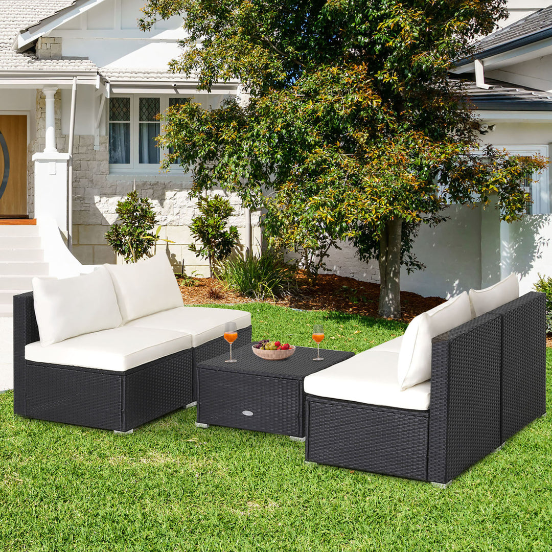 5PCS Patio Outdoor Rattan Sofa Conversation Set w/ Seat and Back Cushions Off White Image 4