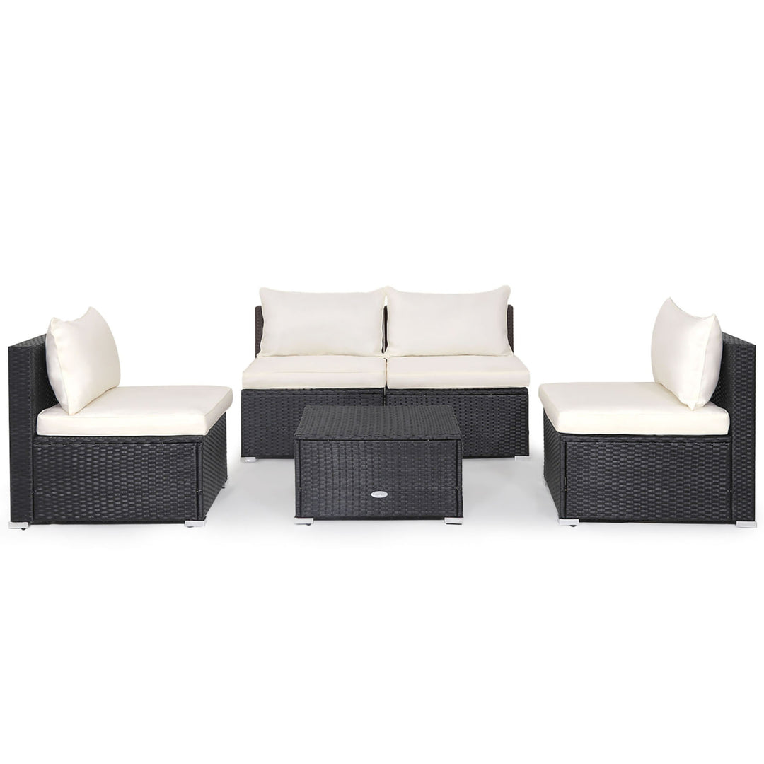 5PCS Patio Outdoor Rattan Sofa Conversation Set w/ Seat and Back Cushions Off White Image 9