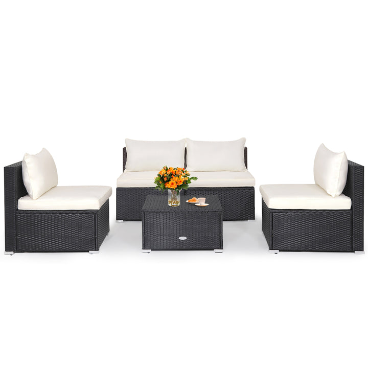 5PCS Patio Outdoor Rattan Sofa Conversation Set w/ Seat and Back Cushions Off White Image 2