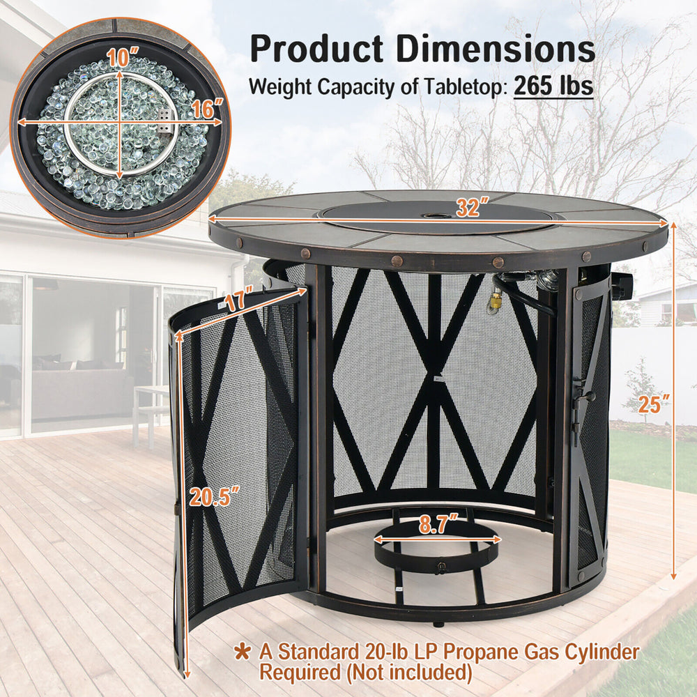 32 Patio Round Fire Pit Table 30,000 BTU Propane Gas Firepit w/ Fire Glasses Image 2