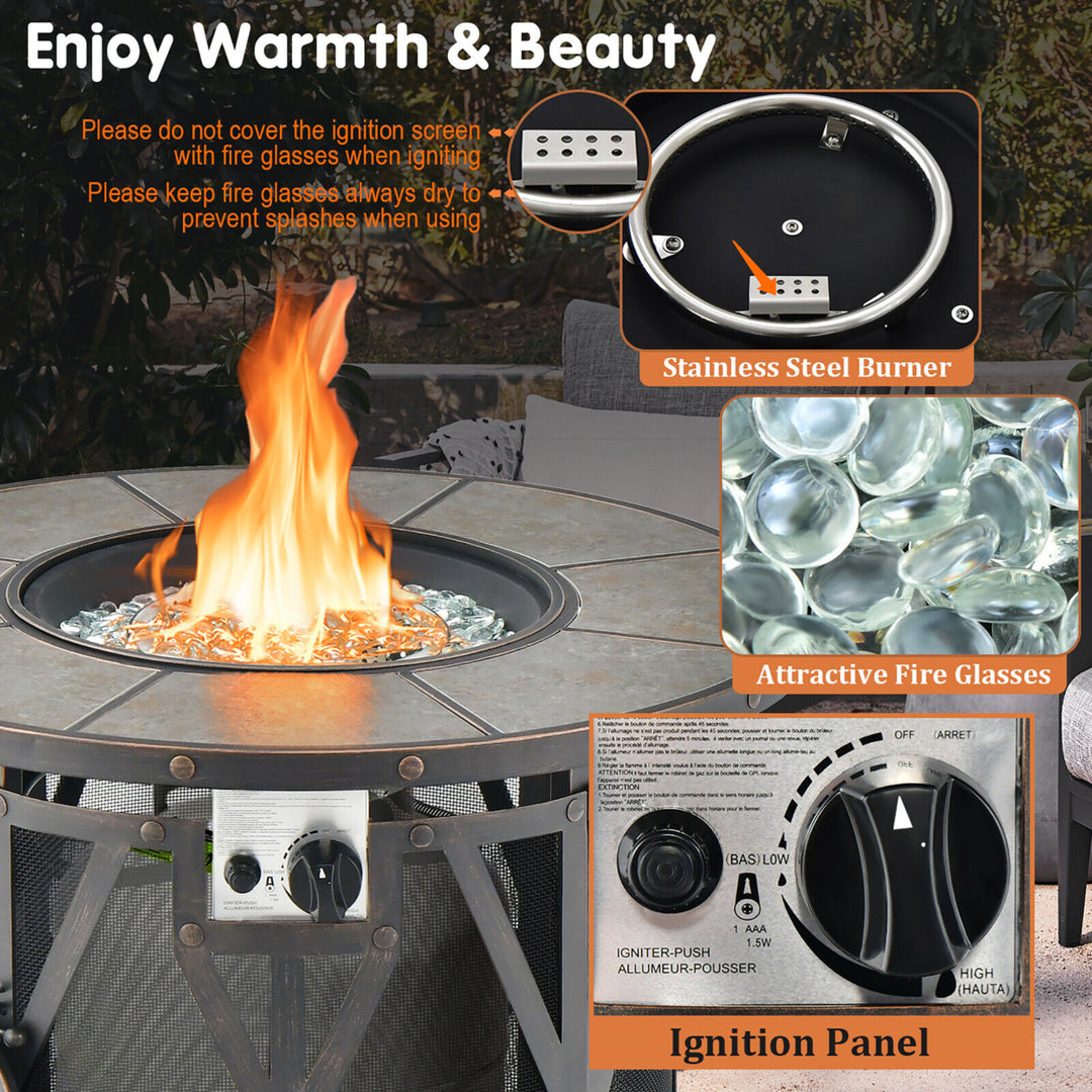 32 Patio Round Fire Pit Table 30,000 BTU Propane Gas Firepit w/ Fire Glasses Image 6