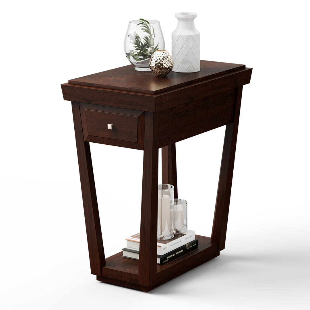 Nightstand 2 Tier End Side Table with Drawer Shelf Rubber Wood Classic Espresso Image 1