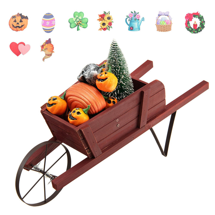 Wooden Wagon Planter Decorative Indoor/ Outdoor Rustic Flower Cart w/ Wheel Image 1