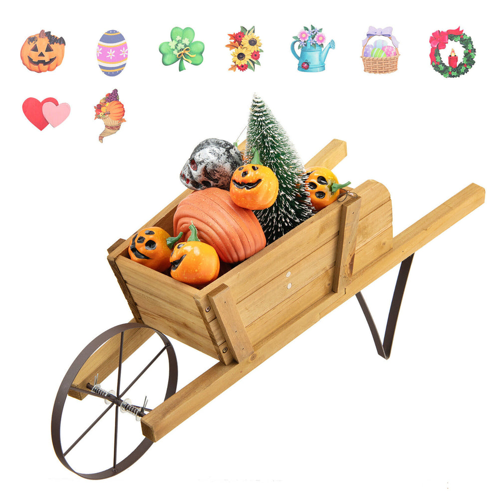 Wooden Wagon Planter Decorative Indoor/ Outdoor Rustic Flower Cart w/ Wheel Image 2