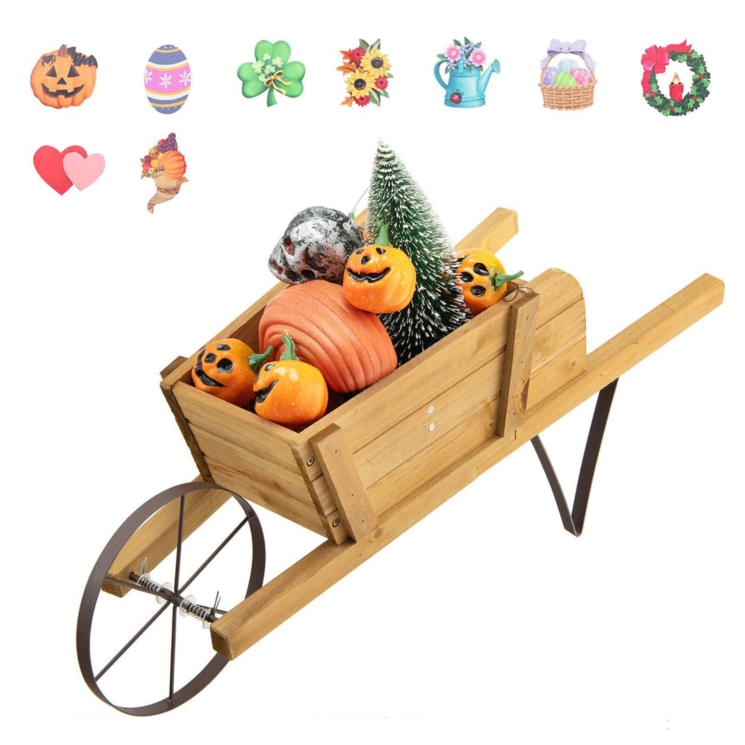 Wooden Wagon Planter Decorative Indoor/ Outdoor Rustic Flower Cart w/ Wheel Image 1