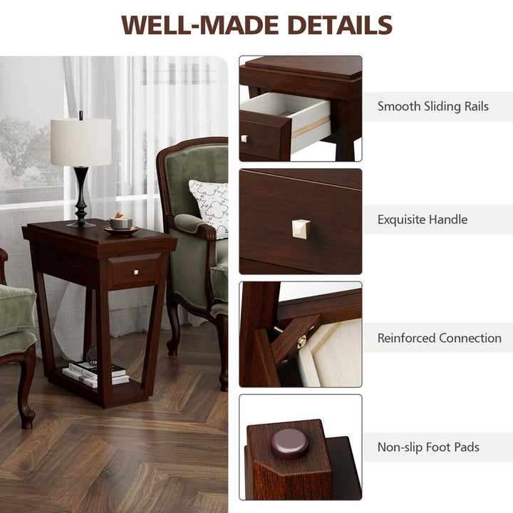 Nightstand 2 Tier End Side Table with Drawer Shelf Rubber Wood Classic Espresso Image 6