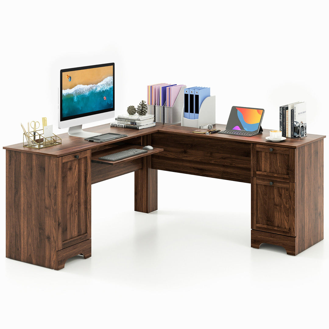 66.5 L Shaped Home Office Desk Corner Computer Desk Drawer Keyboard Tray Walnut Image 1