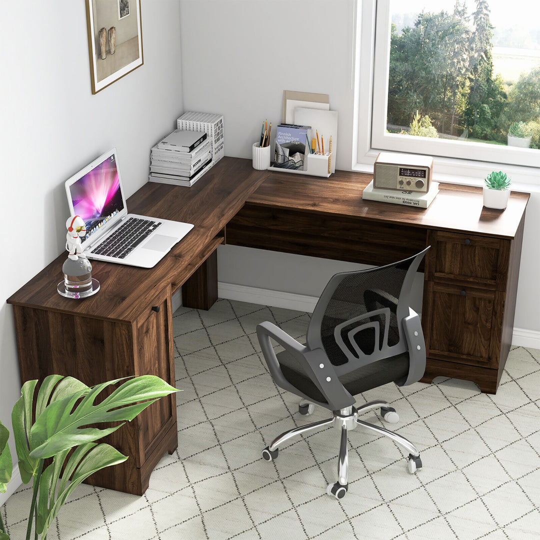 66.5 L Shaped Home Office Desk Corner Computer Desk Drawer Keyboard Tray Walnut Image 5