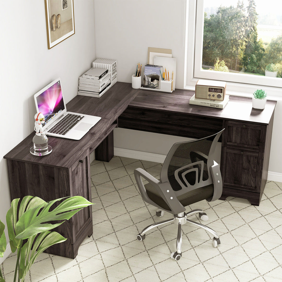 66.5 L Shaped Home Office Desk Corner Computer Desk Keyboard Tray Dark Brown Image 4