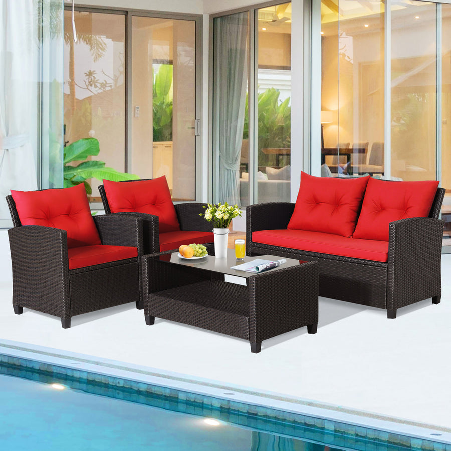 4PCS Outdoor Conversation Set Patio PE Rattan Set w/ Glass Table and Sofa Cushions Image 1