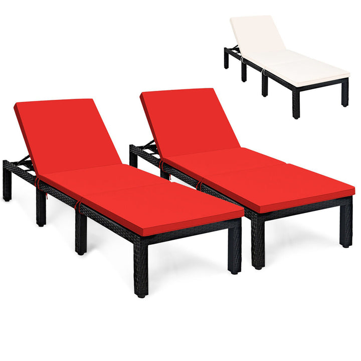 2PCS Patio Lounge Chair Rattan Chaise w/ Adjustable Navy/Red and Off White Cushioned Image 1