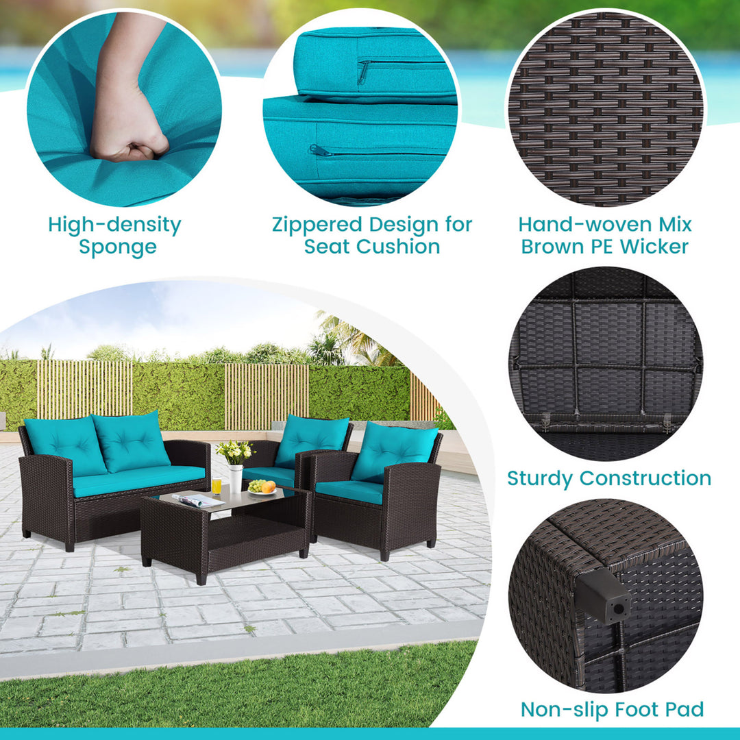 4PCS Outdoor Conversation Set Patio PE Rattan Set w/ Glass Table and Sofa Cushions Image 2