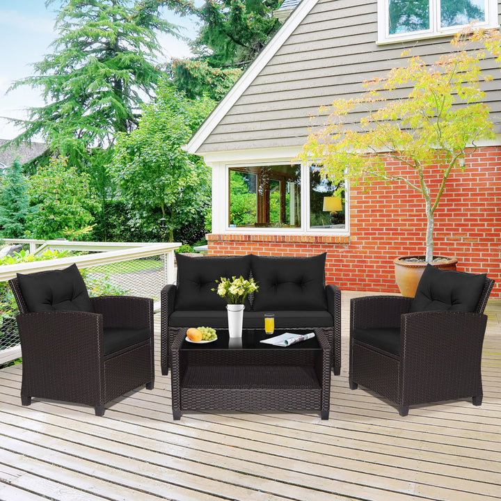 4PCS Outdoor Conversation Set Patio PE Rattan Set w/ Glass Table and Sofa Cushions Image 4