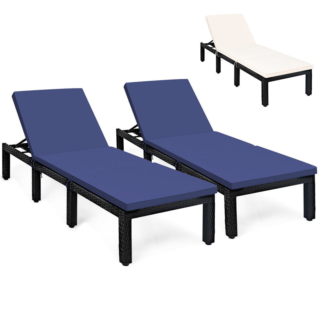 2PCS Patio Lounge Chair Rattan Chaise w/ Adjustable Navy/Red and Off White Cushioned Image 1