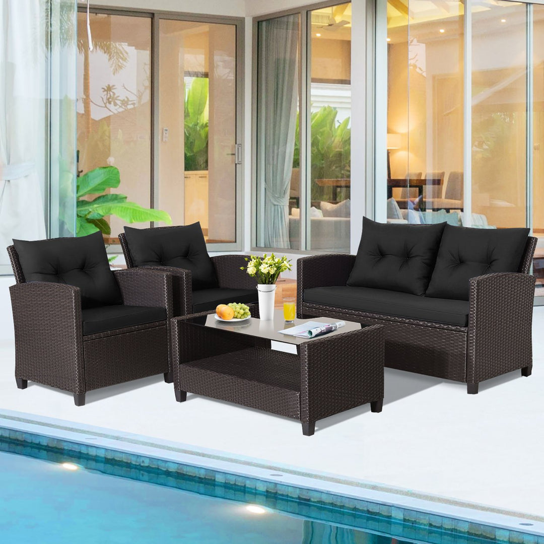 4PCS Outdoor Conversation Set Patio PE Rattan Set w/ Glass Table and Sofa Cushions Image 5