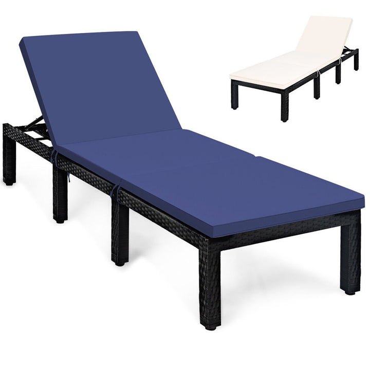 Patio Lounge Chair Rattan Chaise w/ Adjustable Navy/Red and Off White Cushioned Image 4