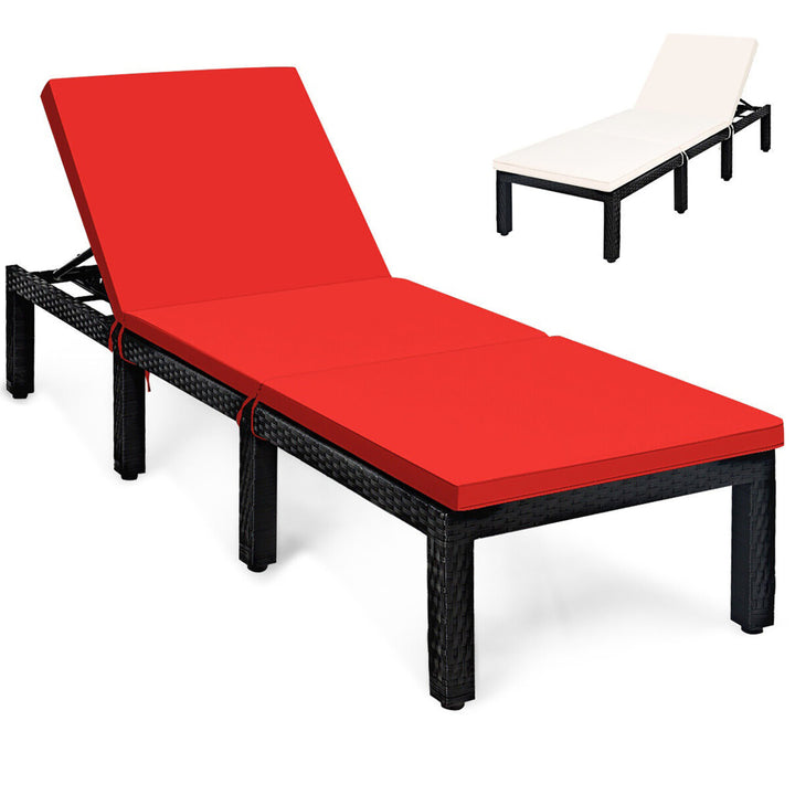 Patio Lounge Chair Rattan Chaise w/ Adjustable Navy/Red and Off White Cushioned Image 5