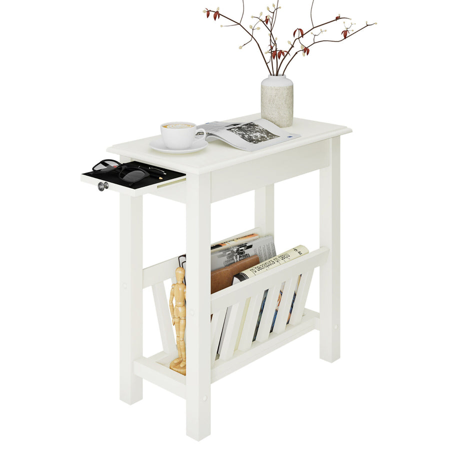 Side Table End Table Nightstand w/ Bottom Storage Shelf and Rubber Wood Legs White Image 1