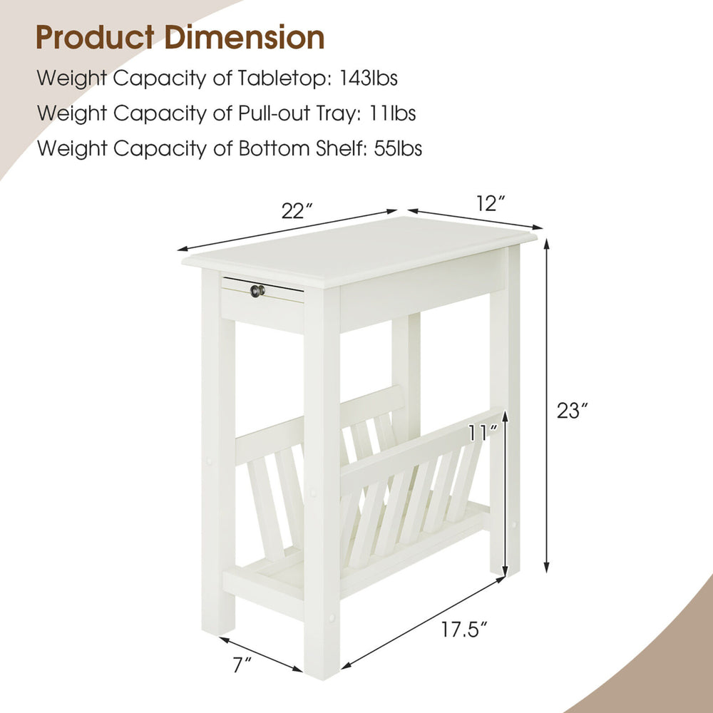 Side Table End Table Nightstand w/ Bottom Storage Shelf and Rubber Wood Legs White Image 2