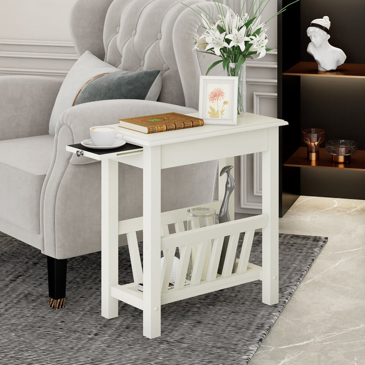 Side Table End Table Nightstand w/ Bottom Storage Shelf and Rubber Wood Legs White Image 3