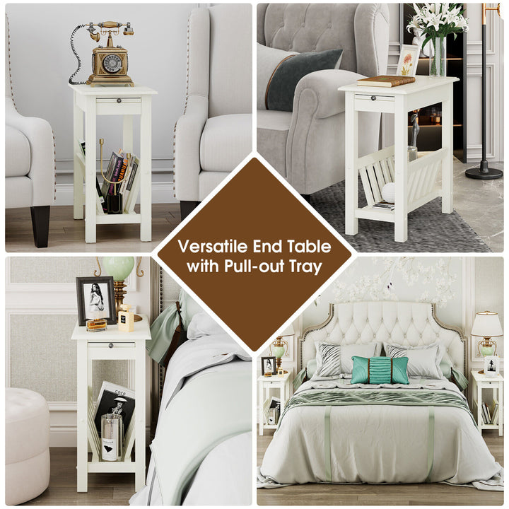 Side Table End Table Nightstand w/ Bottom Storage Shelf and Rubber Wood Legs White Image 5