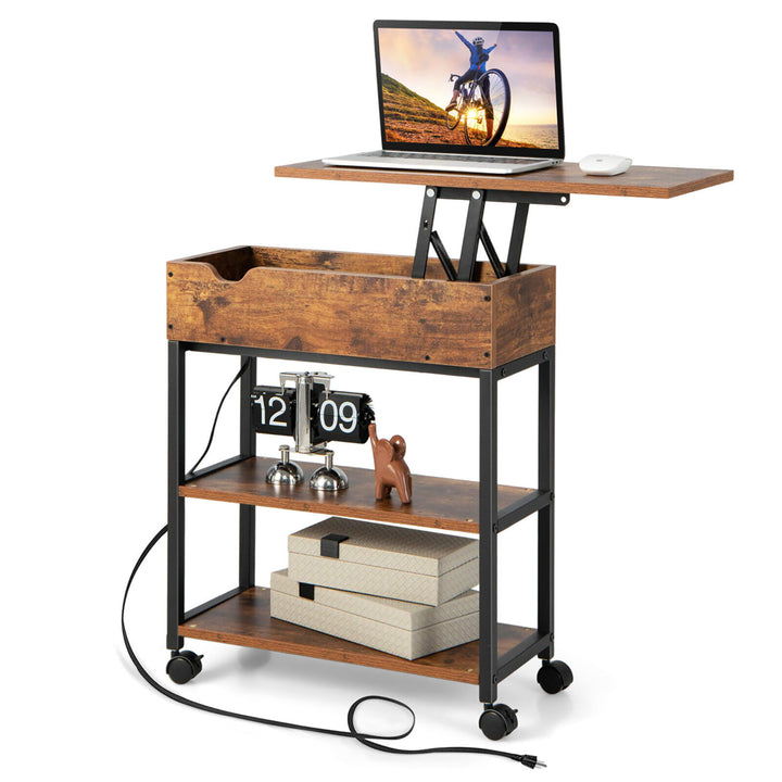 Lift Top End Table w/ Charging Station Storage Shelves Wheels Mobile Bedside Image 1