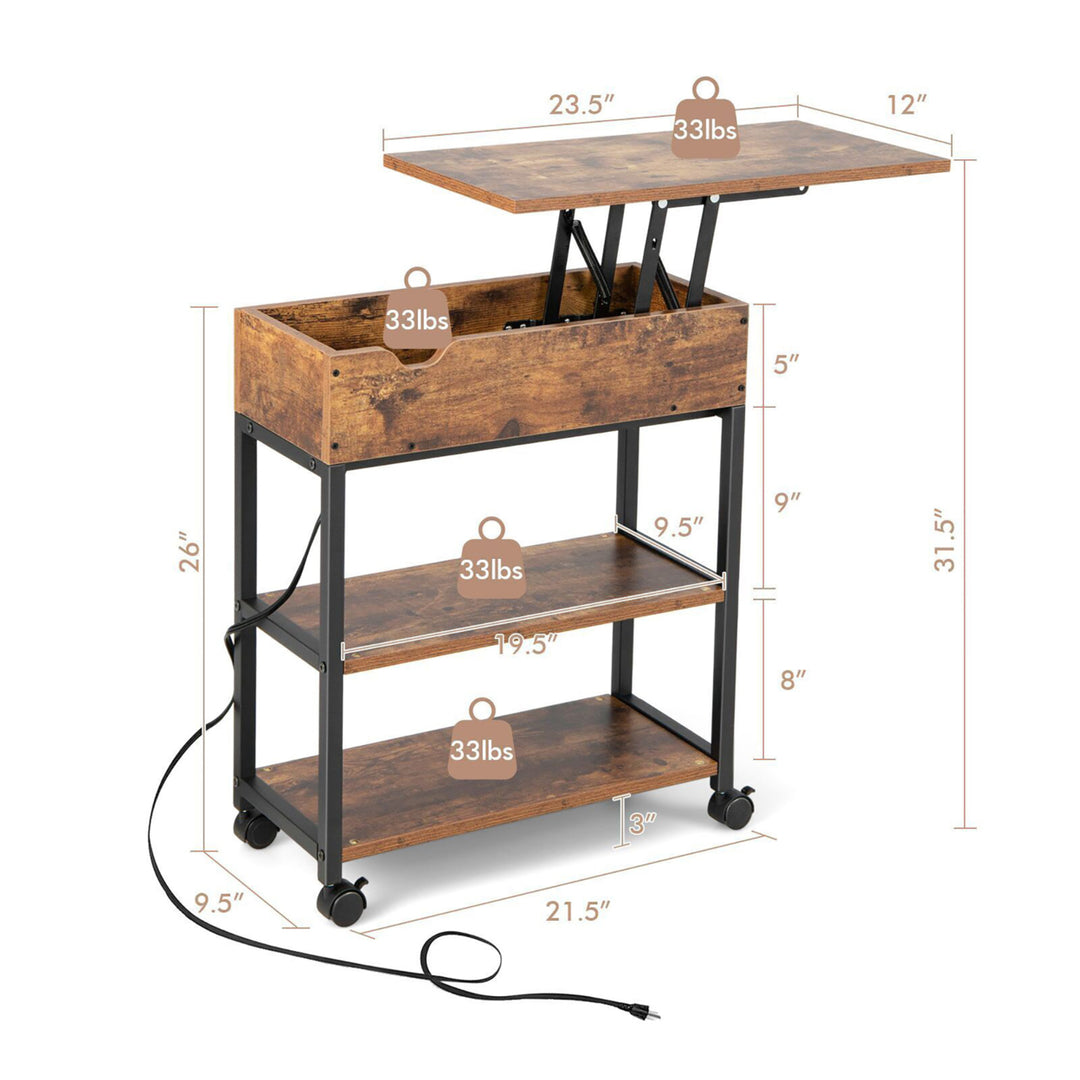 Lift Top End Table w/ Charging Station Storage Shelves Wheels Mobile Bedside Image 2