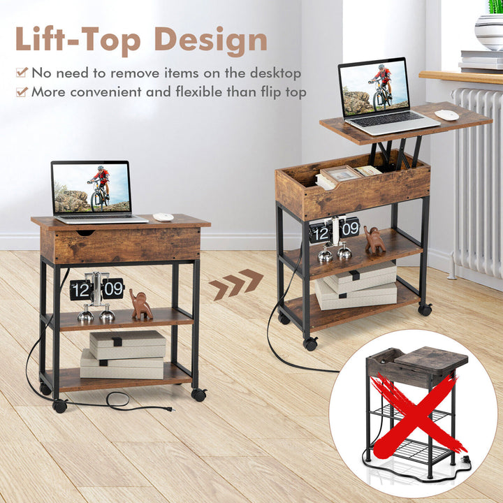 Lift Top End Table w/ Charging Station Storage Shelves Wheels Mobile Bedside Image 6