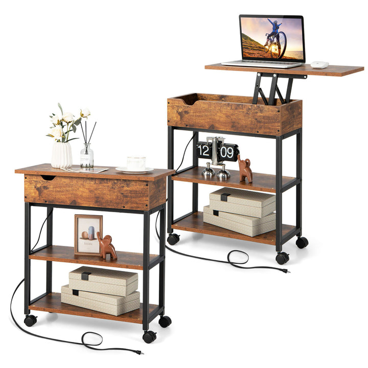 2PCS Lift Top End Table w/ Charging Station Storage Shelves Wheels Mobile Bedside Image 1