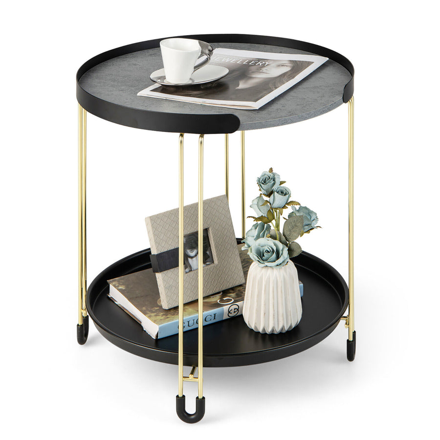 2-Tier Side End Table Round Nightstand Gold Frame for Living Room Bedroom Image 1