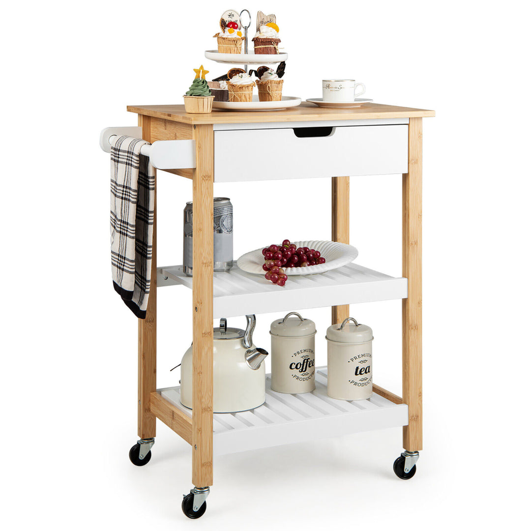 3-Tier Kitchen Island Cart Rolling Service Trolley w/ Bamboo Top Shelves Image 1