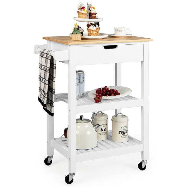 3-Tier Kitchen Island Cart Rolling Service Trolley w/ Bamboo Top Shelves Image 5