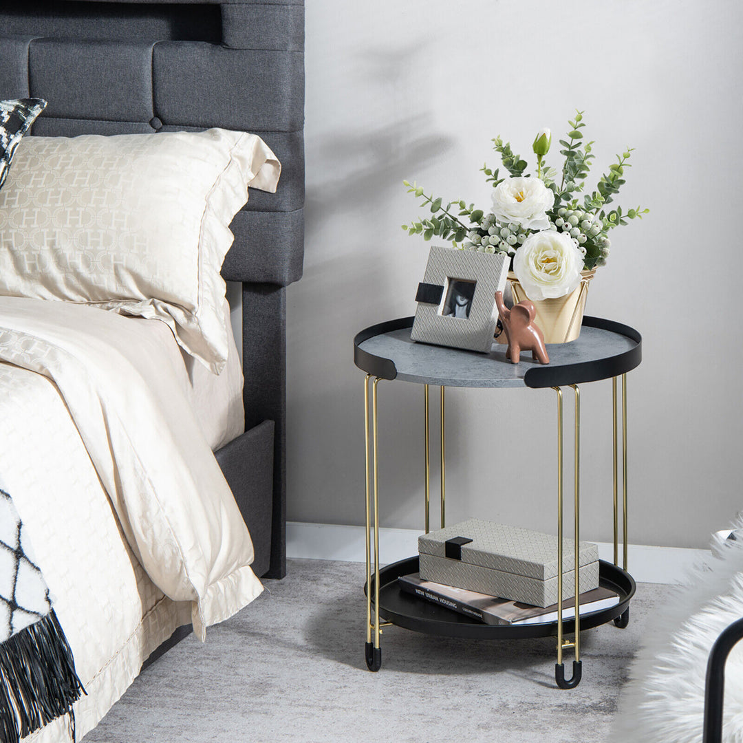 2-Tier Side End Table Round Nightstand Gold Frame for Living Room Bedroom Image 3