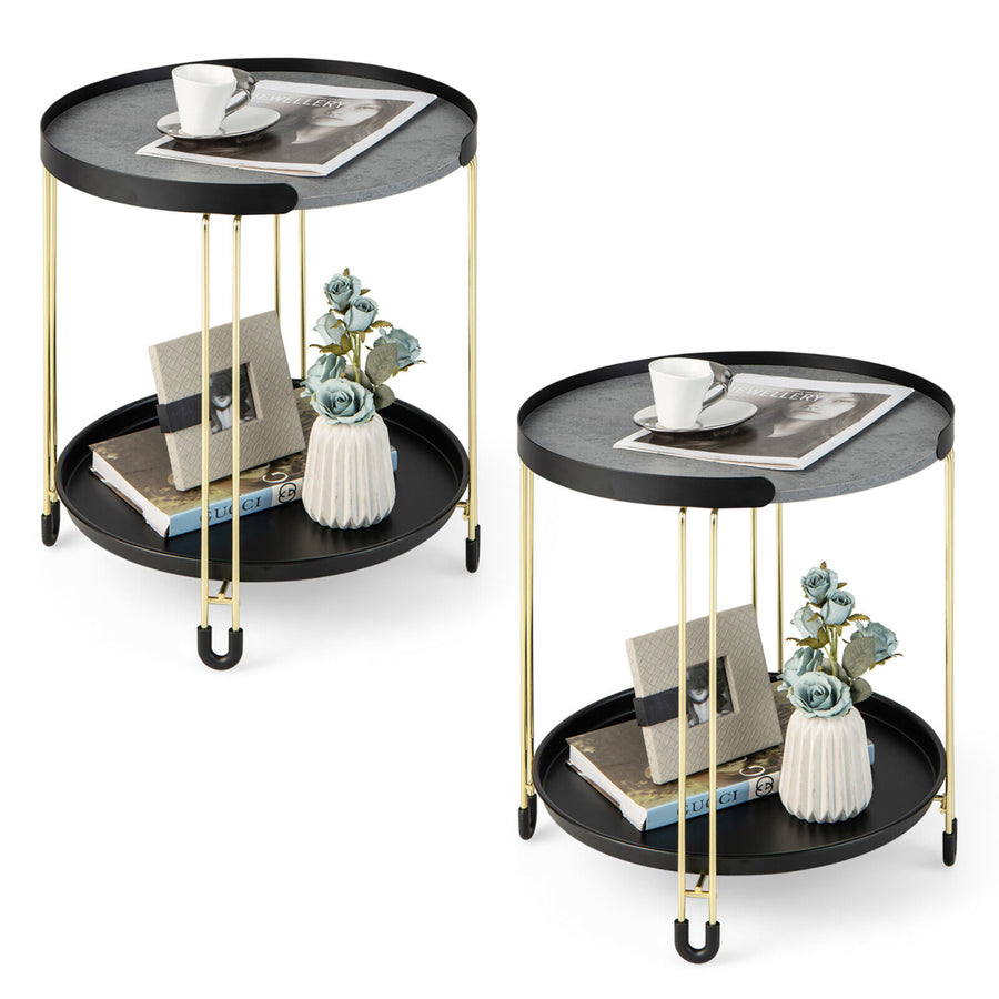 2PCS 2-Tier Side End Table Round Nightstand Gold Frame for Living Room Bedroom Image 1