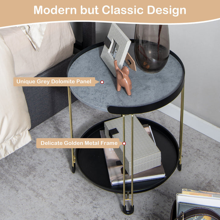 2-Tier Side End Table Round Nightstand Gold Frame for Living Room Bedroom Image 7