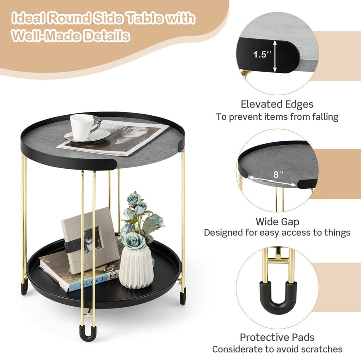 2-Tier Side End Table Round Nightstand Gold Frame for Living Room Bedroom Image 8