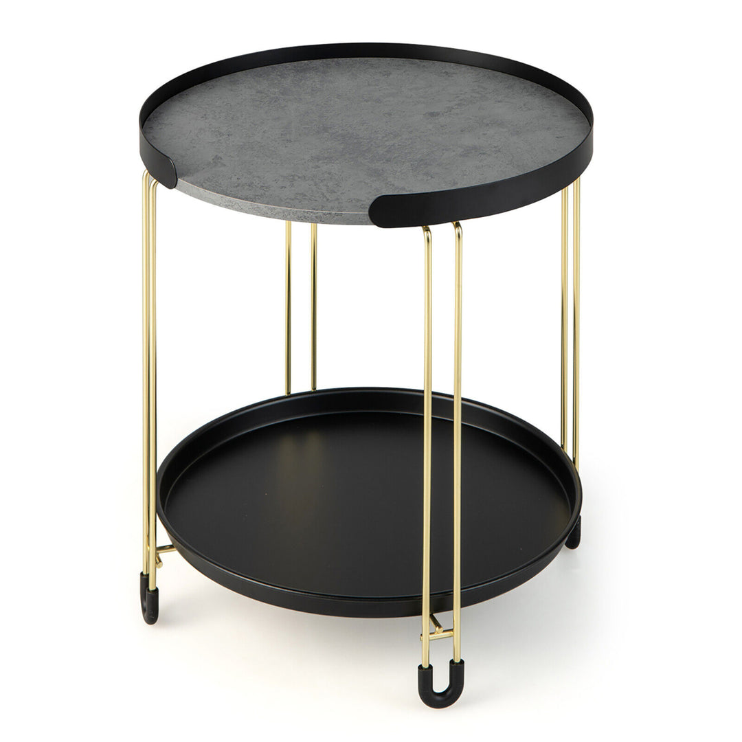 2-Tier Side End Table Round Nightstand Gold Frame for Living Room Bedroom Image 10