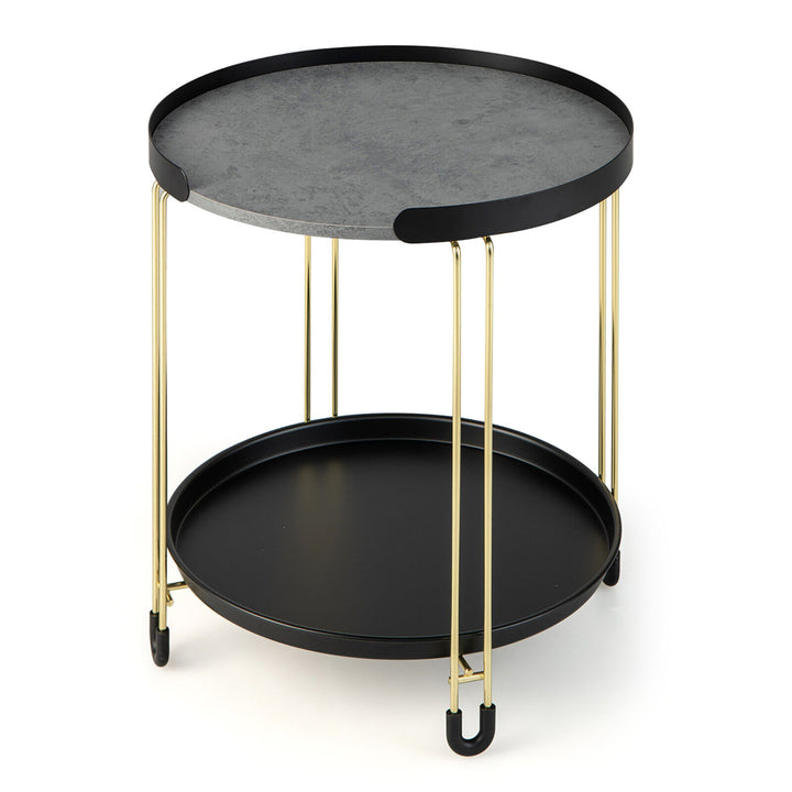 2-Tier Side End Table Round Nightstand Gold Frame for Living Room Bedroom Image 10