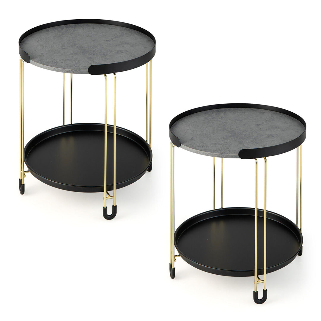 2PCS 2-Tier Side End Table Round Nightstand Gold Frame for Living Room Bedroom Image 10