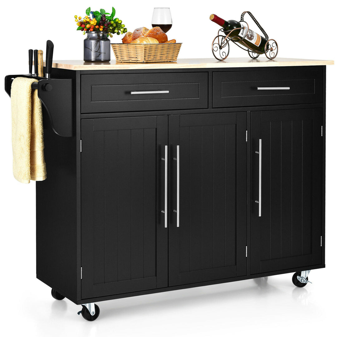 Kitchen Island Trolley Cart Wood Top Rolling Storage Cabinet w/Knife Block Black Image 1