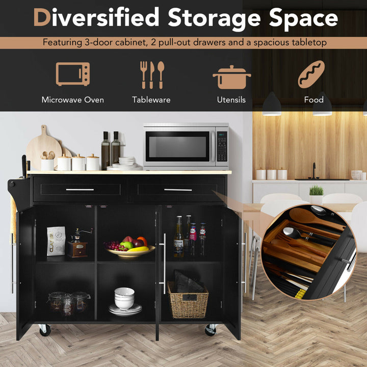 Kitchen Island Trolley Cart Wood Top Rolling Storage Cabinet w/Knife Block Black Image 6