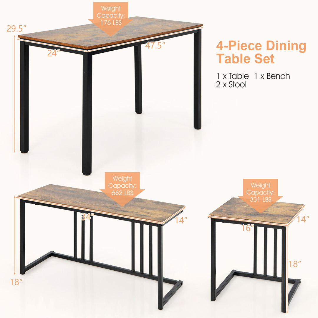 4-Piece Dining Table Set Industrial Kitchen Table Set w/ Bench and 2 Stools for 4 Image 2