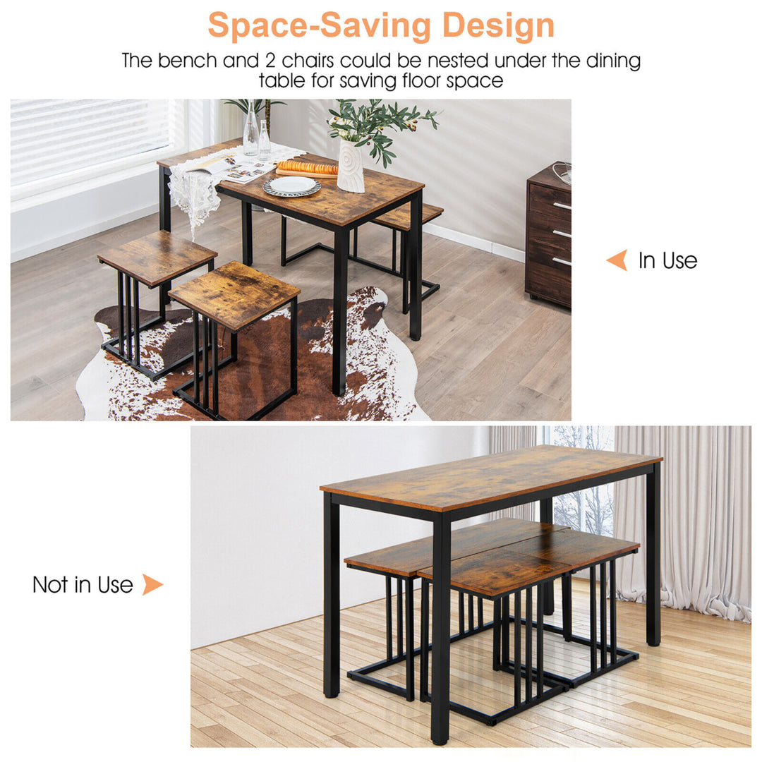 4-Piece Dining Table Set Industrial Kitchen Table Set w/ Bench and 2 Stools for 4 Image 7