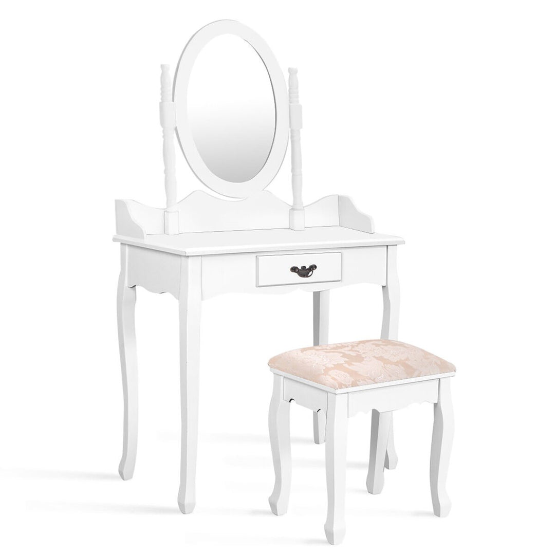 Vanity Wood Makeup Dressing Table Stool Set w/ Drawer and Mirror Jewelry Desk White Image 1