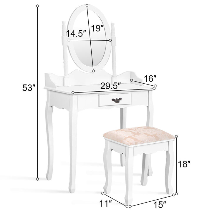 Vanity Wood Makeup Dressing Table Stool Set w/ Drawer and Mirror Jewelry Desk White Image 2