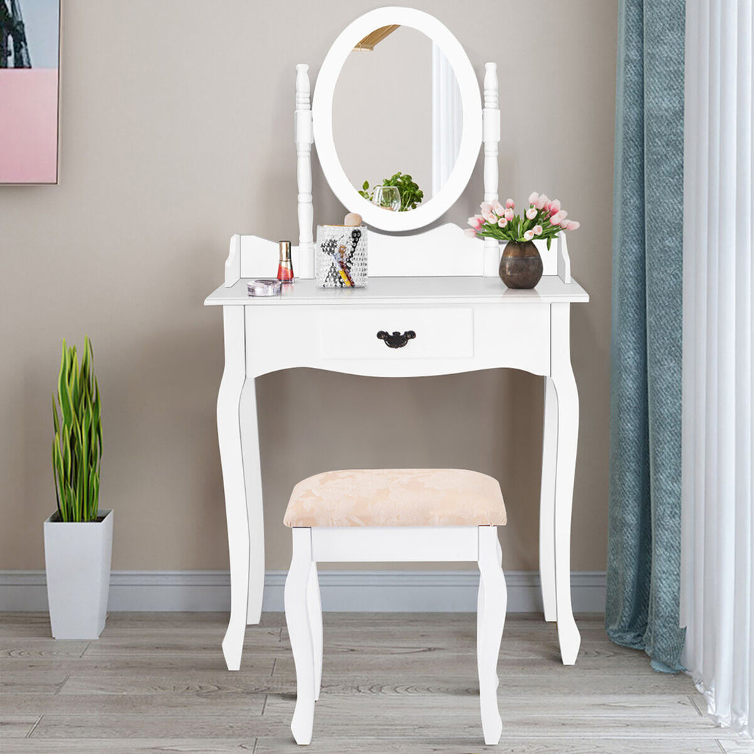 Vanity Wood Makeup Dressing Table Stool Set w/ Drawer and Mirror Jewelry Desk White Image 3