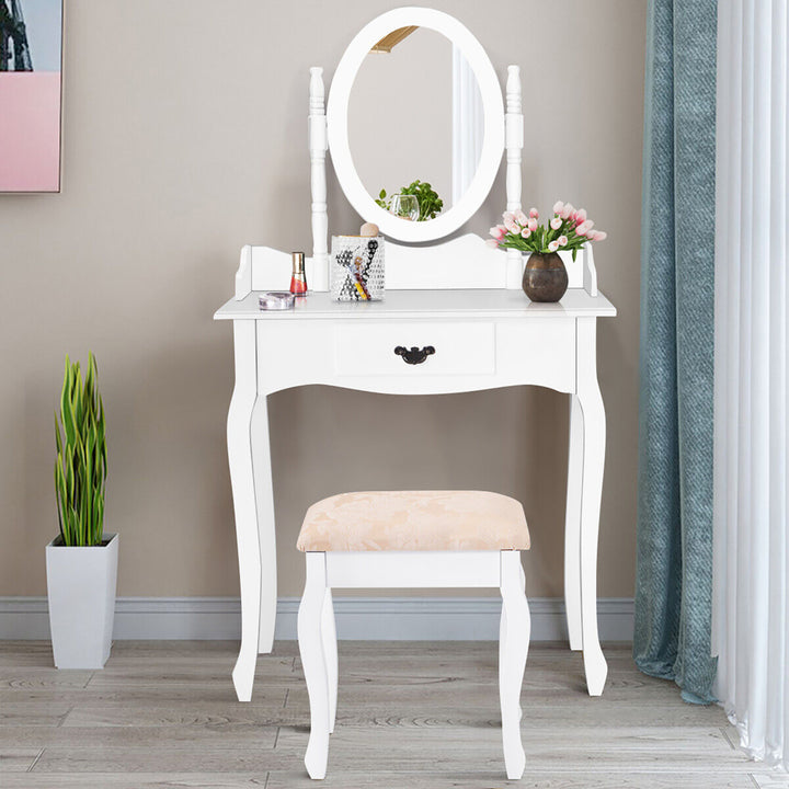 Vanity Wood Makeup Dressing Table Stool Set w/ Drawer and Mirror Jewelry Desk White Image 3